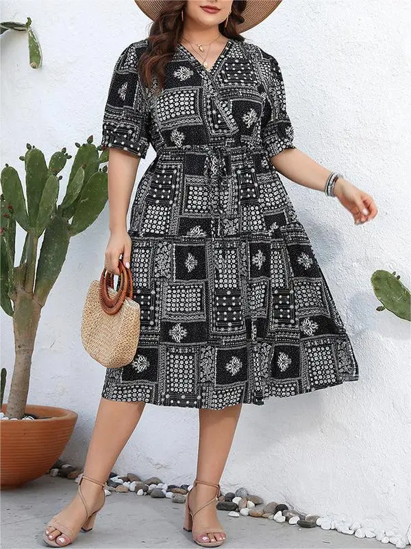 Plus Black Graphic Print Crisscross Puff Sleeve Wrap Midi Dress