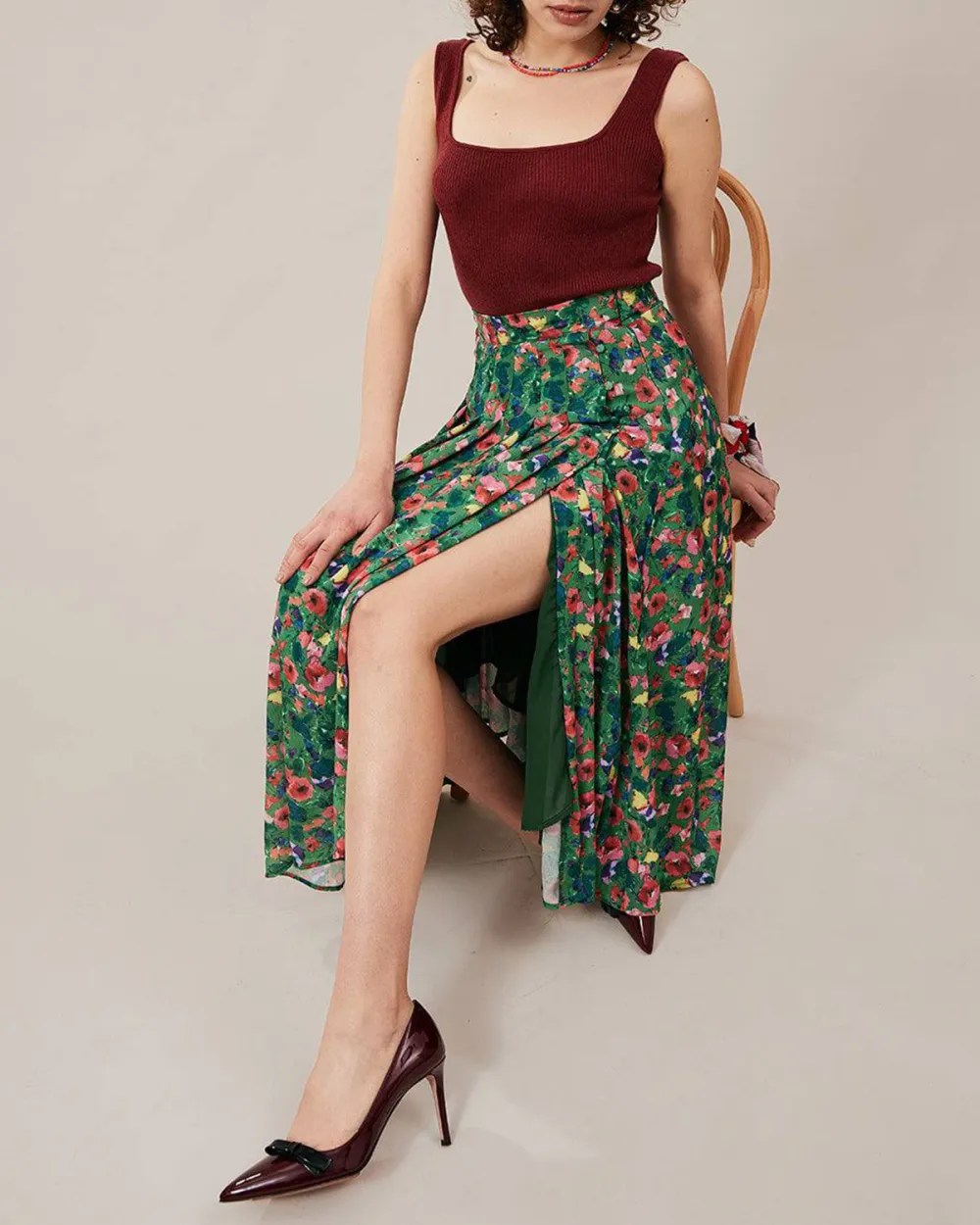 Green mid-length floral slit skirt