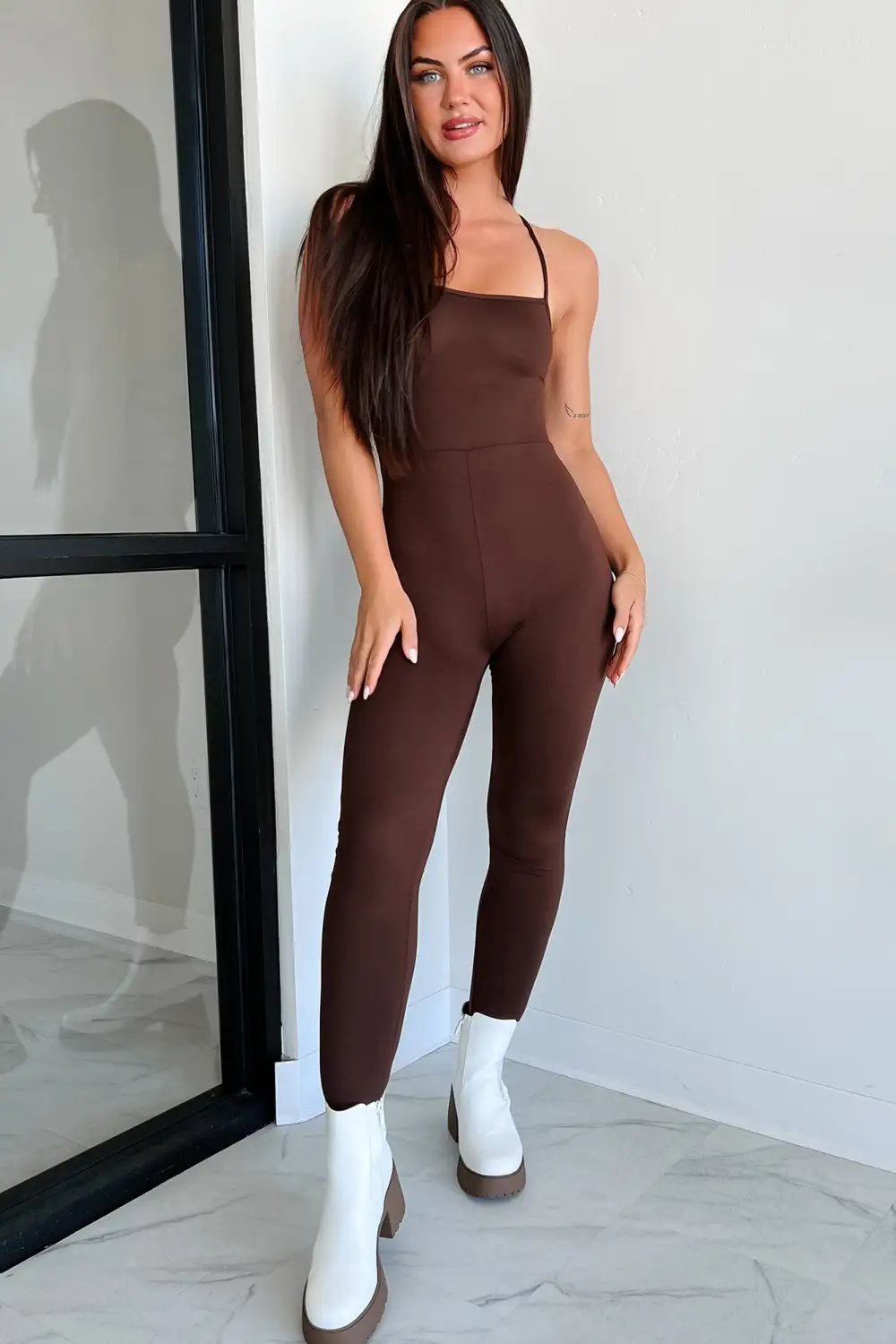 Time To Walk Away Lace-Up Back Jumpsuit (Coffee)