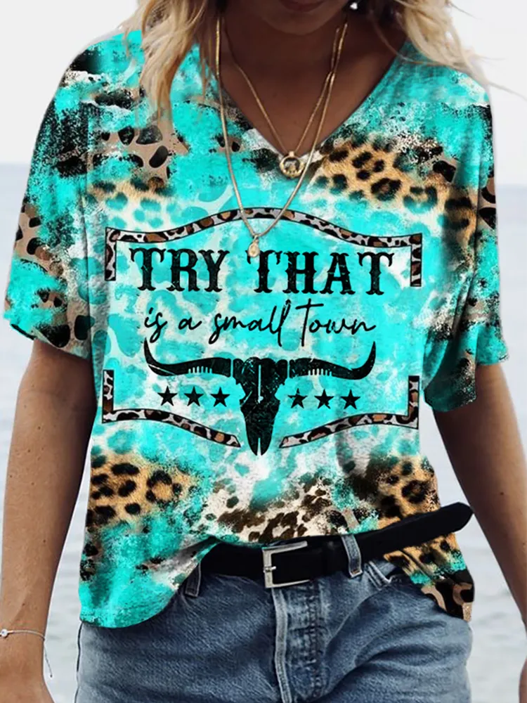 Western Try That In A Small Town Turquoise Leopard Graphic T Shirt