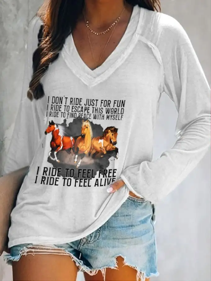 Women's Western Horse I Don't Ride For Fun I Ride To Escape Printed V-Neck Long Sleeve T-Shirt