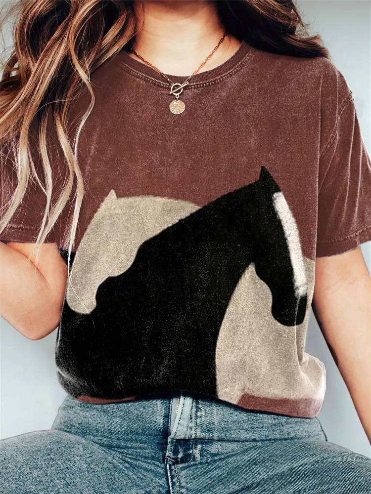 Horse Oil Painting Art Print Casual Cotton T-Shirt