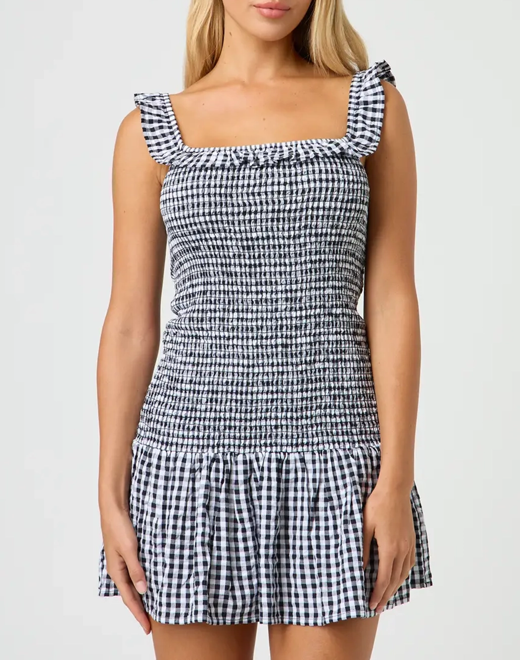 Shirred Gingham Mini Dress