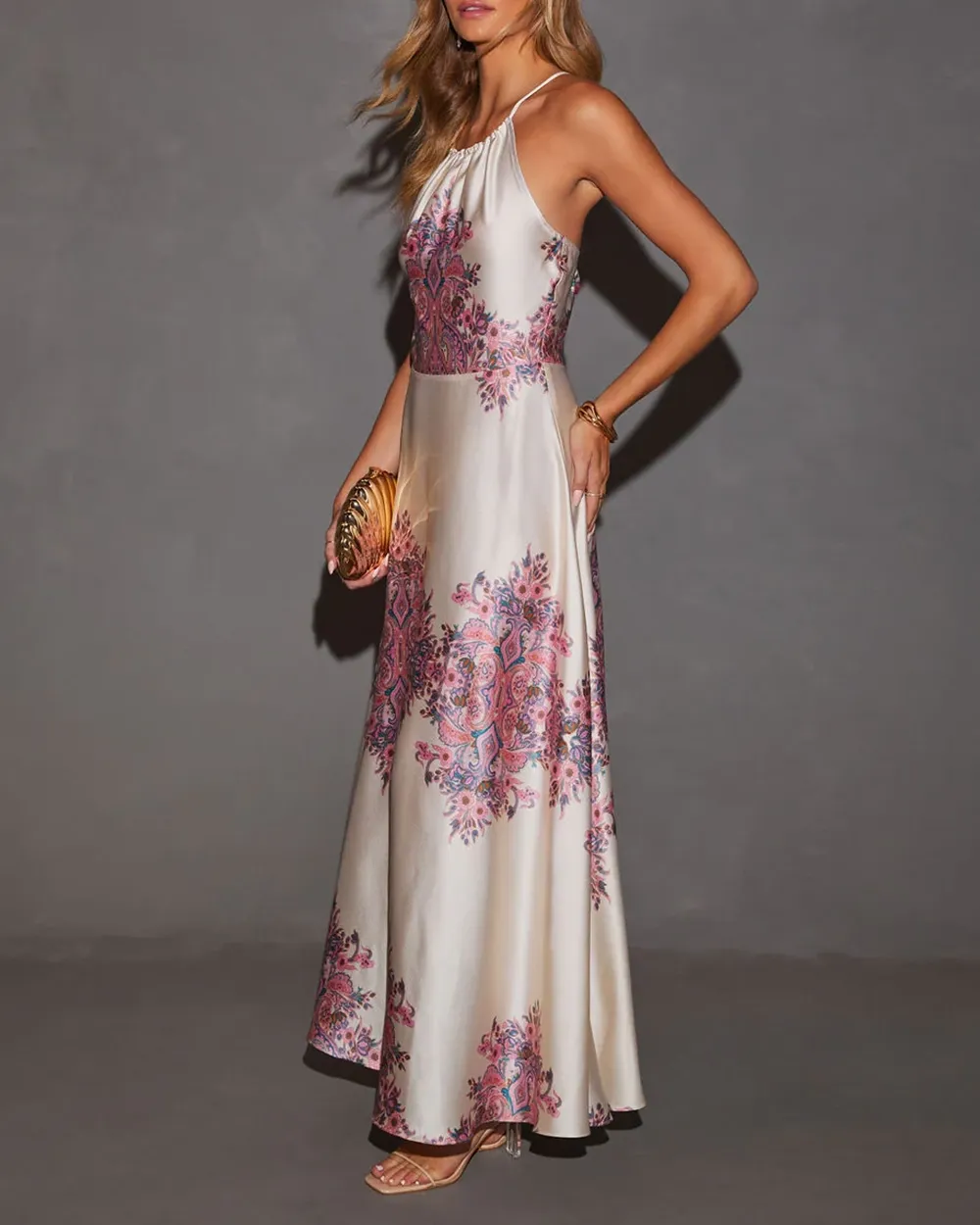 Marianne Satin Halter Printed Maxi Dress