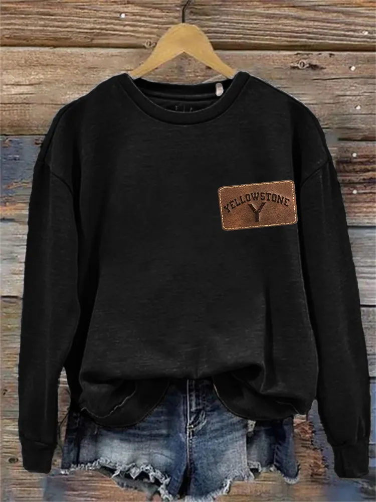 Western Logo Leather Patch Cowhide Cozy Sweatshirt