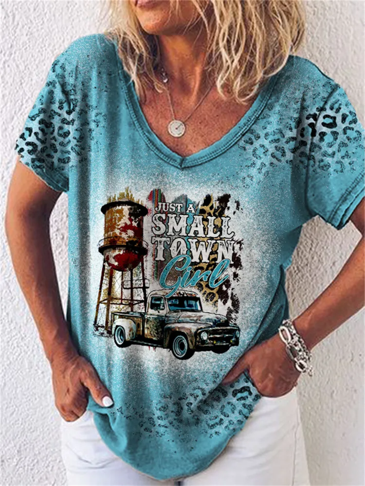 Small Town Girl Leopard Bleached V Neck T Shirt