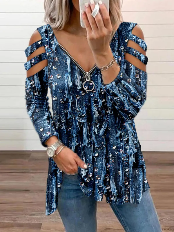 Fringed Denim Art Hollow Shoulder Zip Up T Shirt