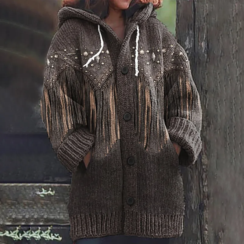 Western Fringe Print Cozy Knit Hooded Cardigan