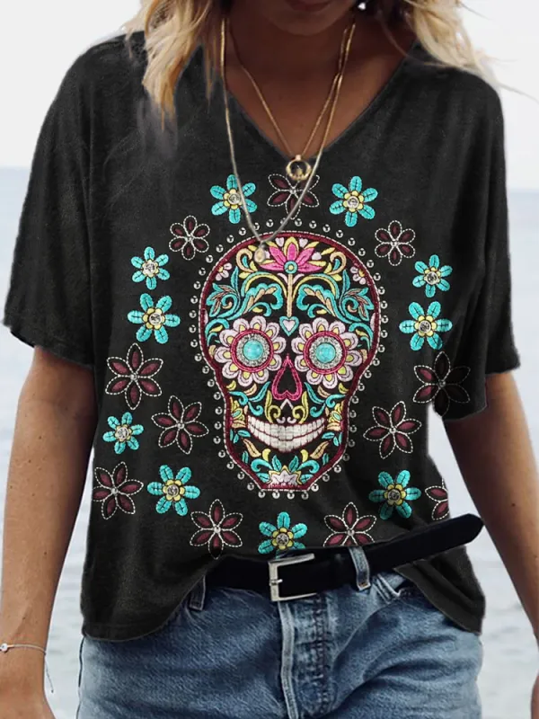 Sugar Skull Floral Leather Art V Neck T Shirt