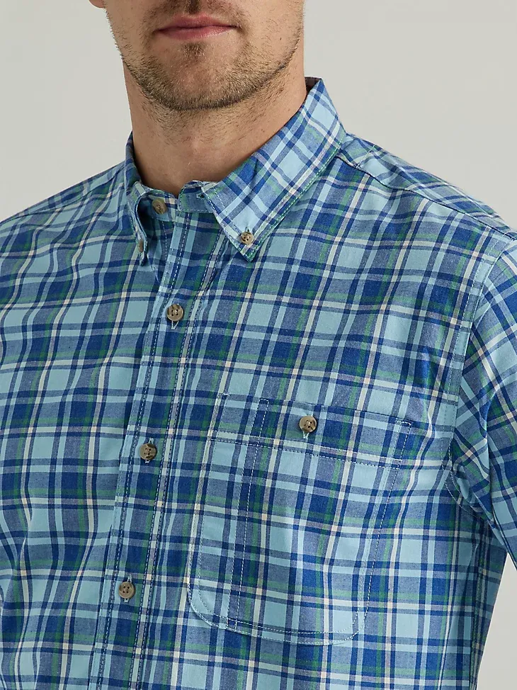 WRANGLER RUGGED WEAR® LONG SLEEVE WRINKLE RESIST PLAID BUTTON-DOWN SHIRT IN TEAL NAVY