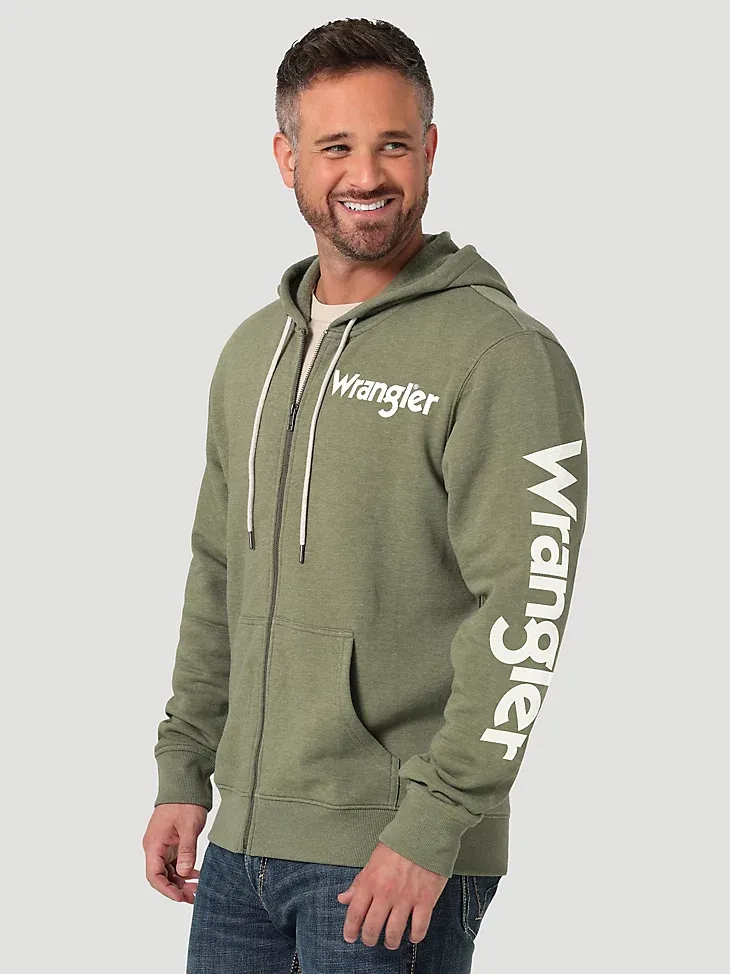 MEN'S WRANGLER LOGO SLEEVE FULL ZIP HOODIE IN LICHEN GREEN HEATHER