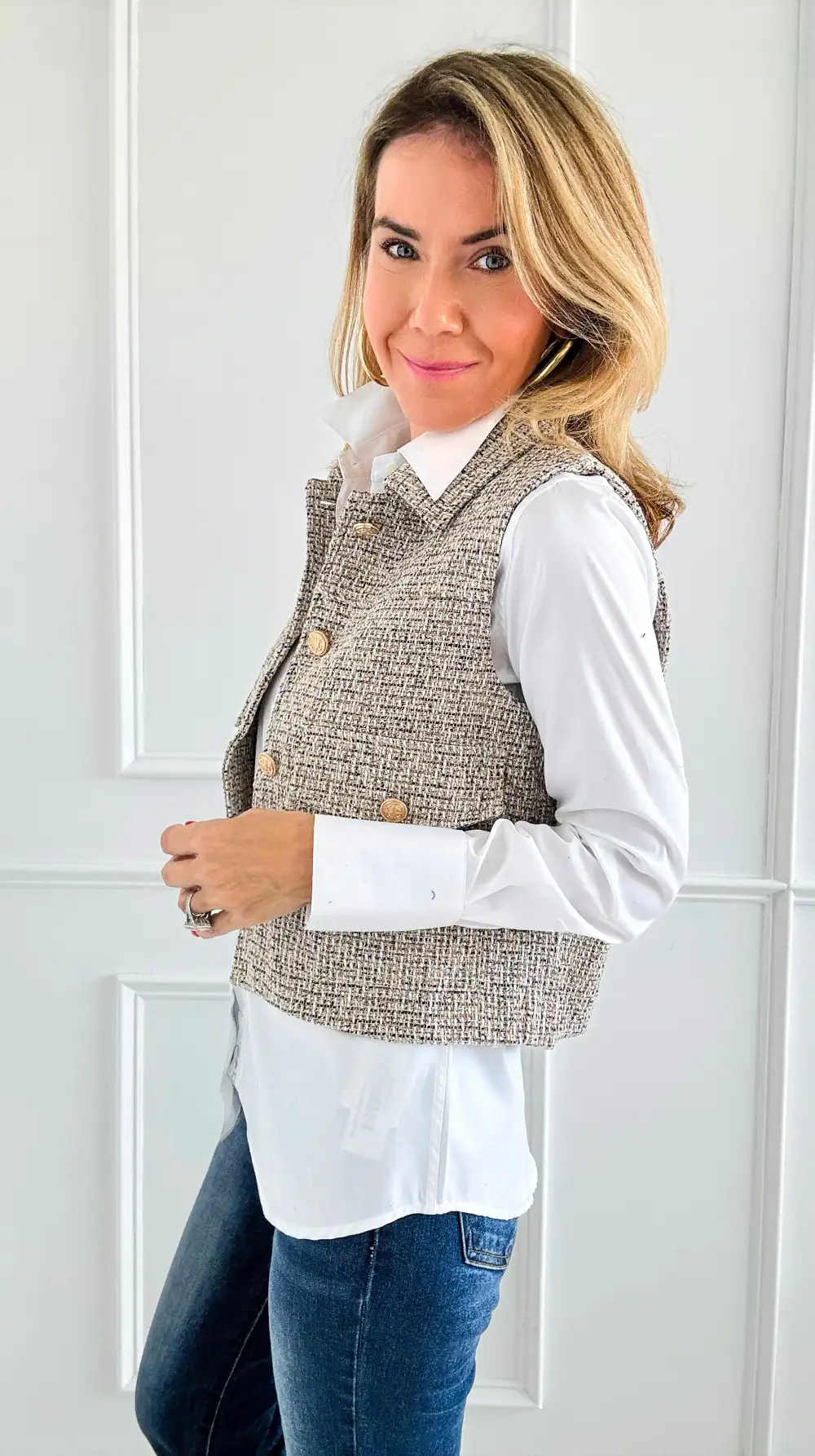 Chic Tweed Vest - Taupe