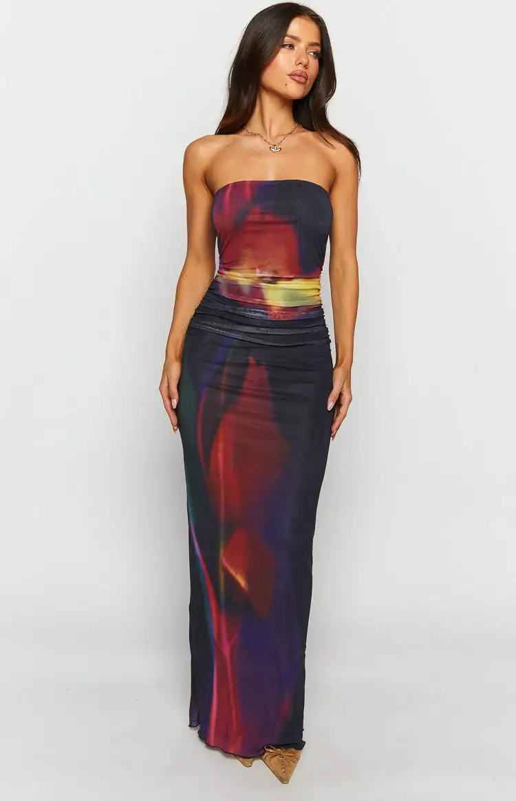 Imogen Black Blurred Tulip Print Maxi Dress