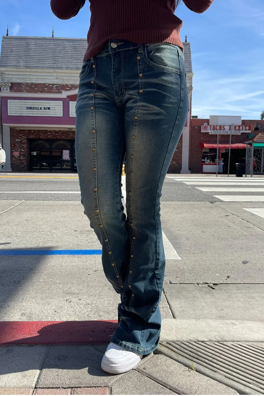 Y2K Low-Rise Brass-Studded Flare/Bootcut Jean With Stretch