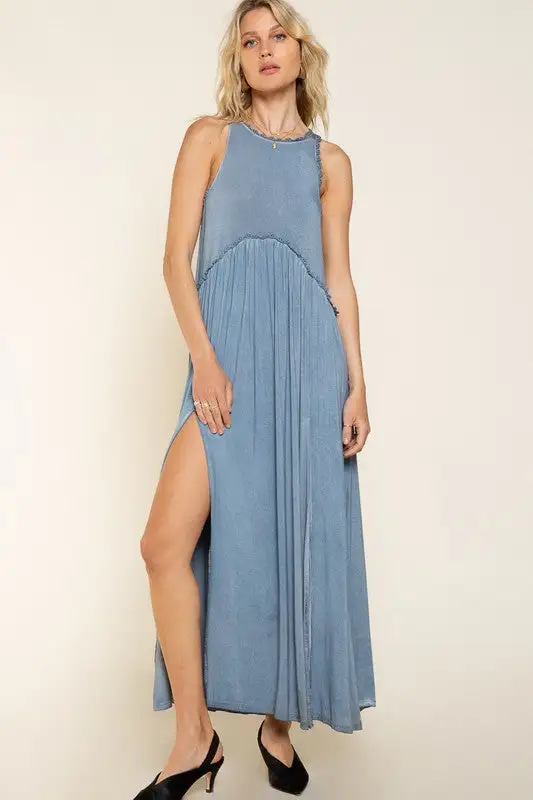 Stone Washed Side Slit Cut Out Maxi Dress