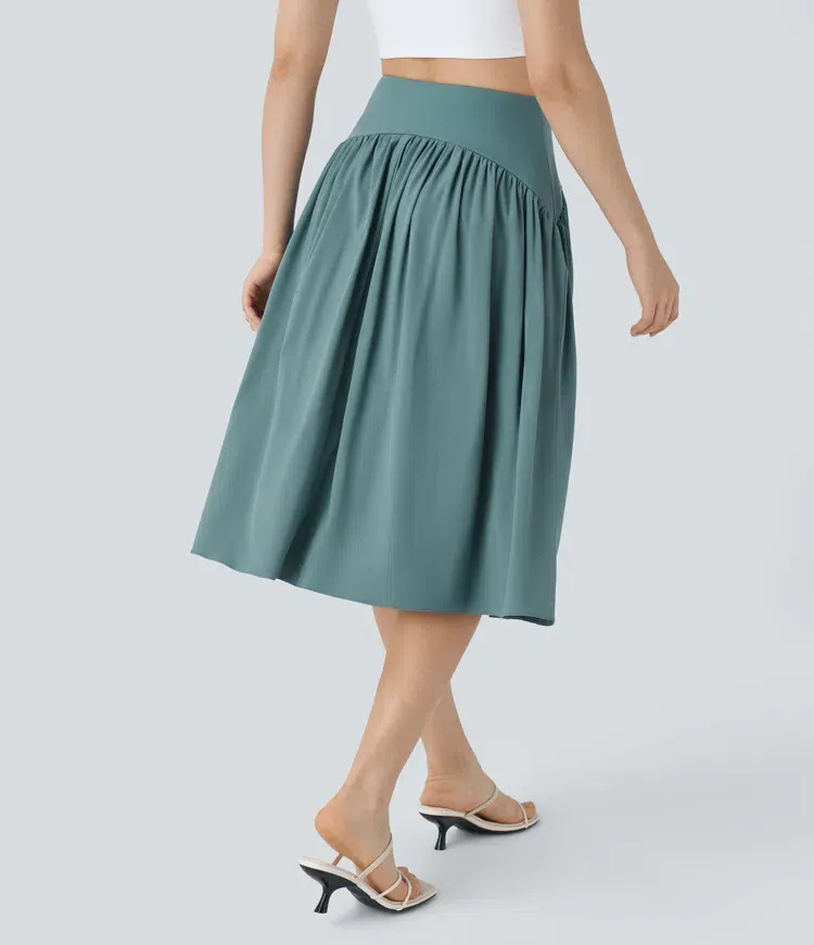 High Waisted Plicated Split Flowy Quick Dry Midi Resort Skirt