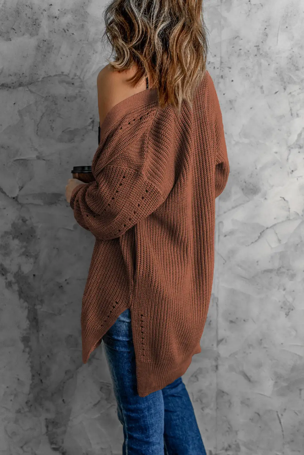 Drop Sleeve Cable Knit Cardigan With Slits