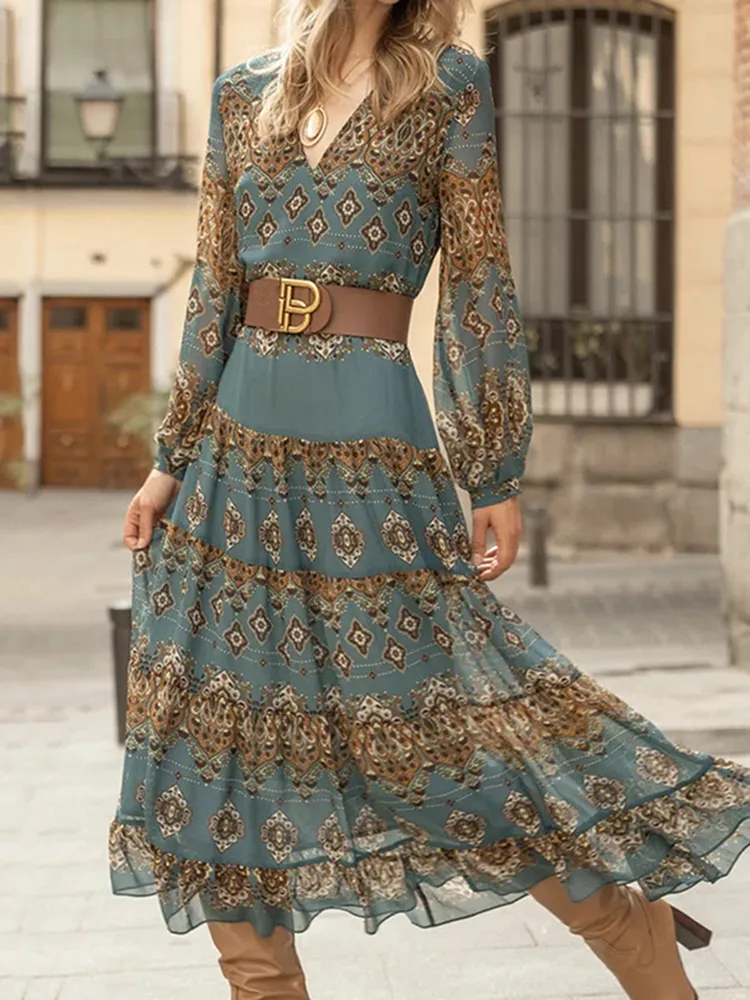 Baroque Print V-Neck Long Sleeved Midi Dress