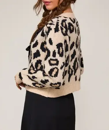 Leopard Ribbon Detail Cardigan - Beige/Black