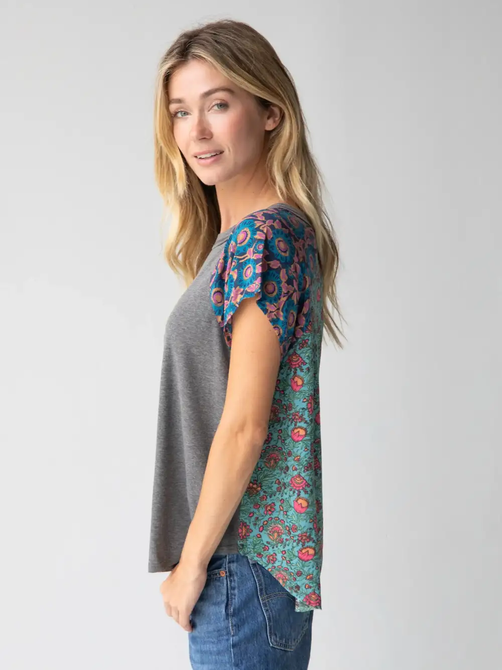 Daphne Mixed Print Top - Teal Turquoise Mixed Floral