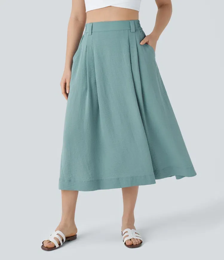 High Waisted Side Pocket Flowy Midi Casual Linen-Feel Skirt