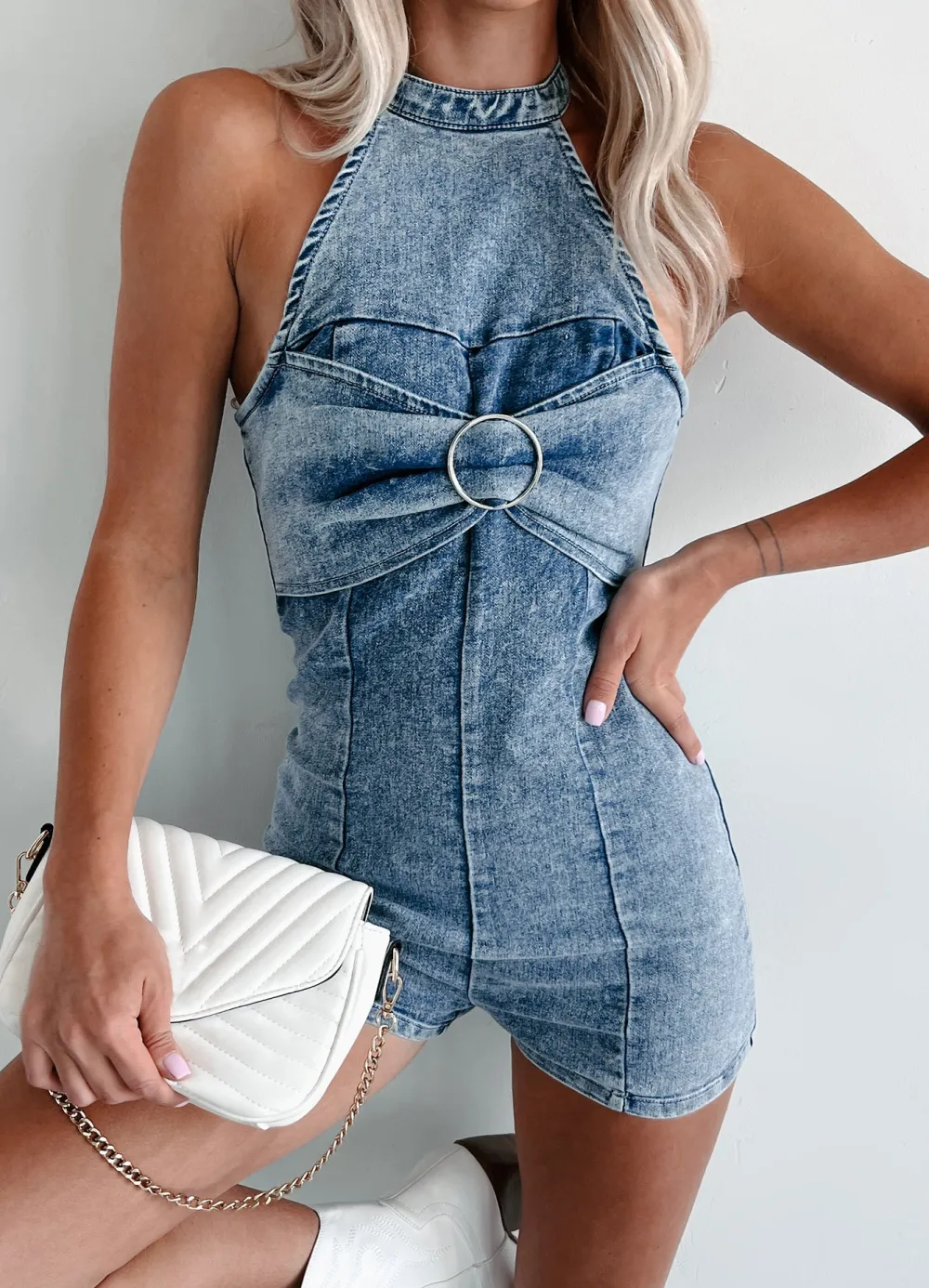 Save My Number Denim Halter Romper