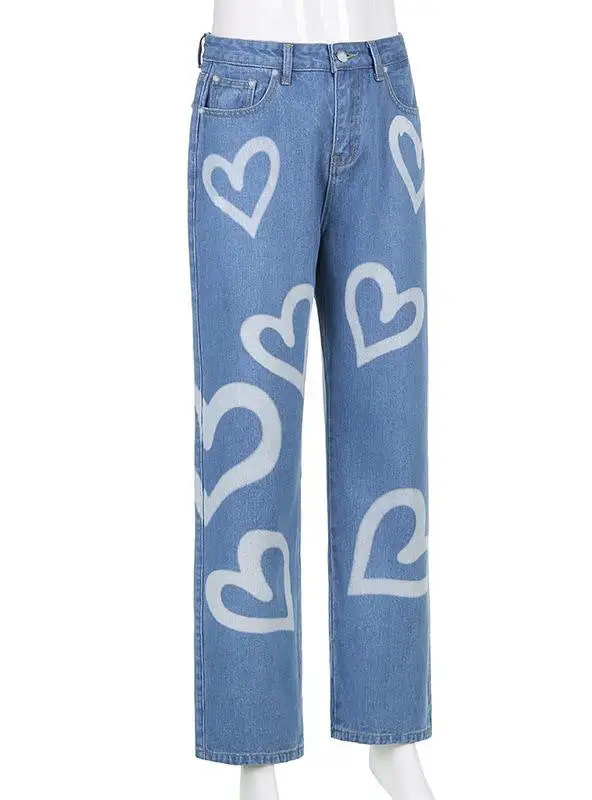 Love Graffiti Printing Straight Street Style Jeans