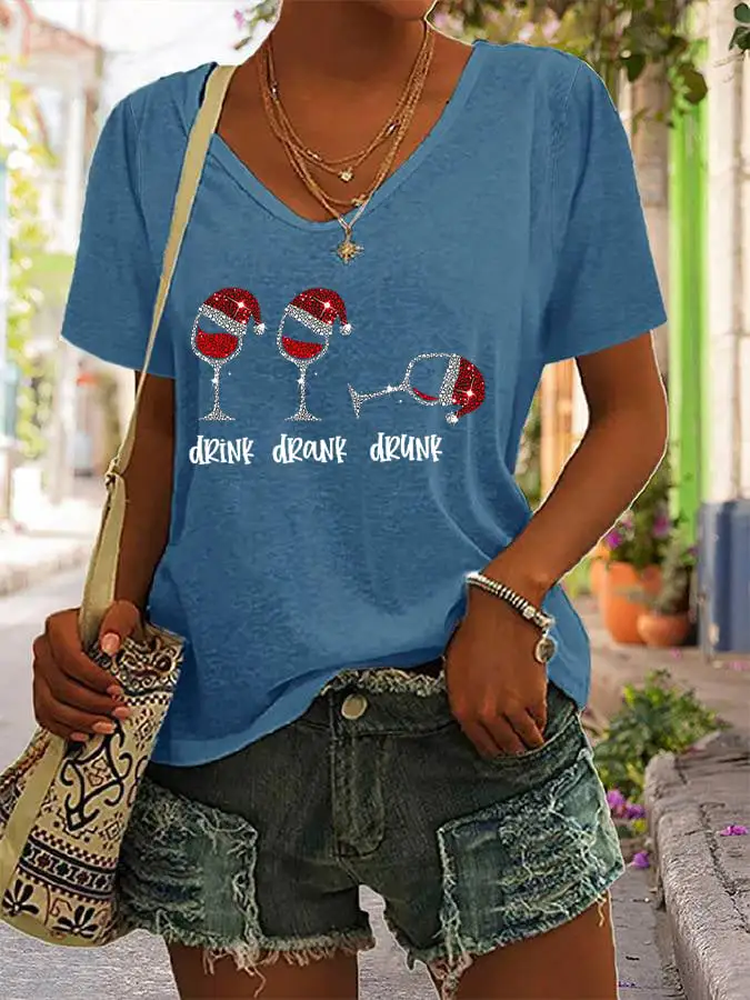 Women's Funny Christmas Drink Drank Drunk Red Wine Glass Casual V-Neck Tee