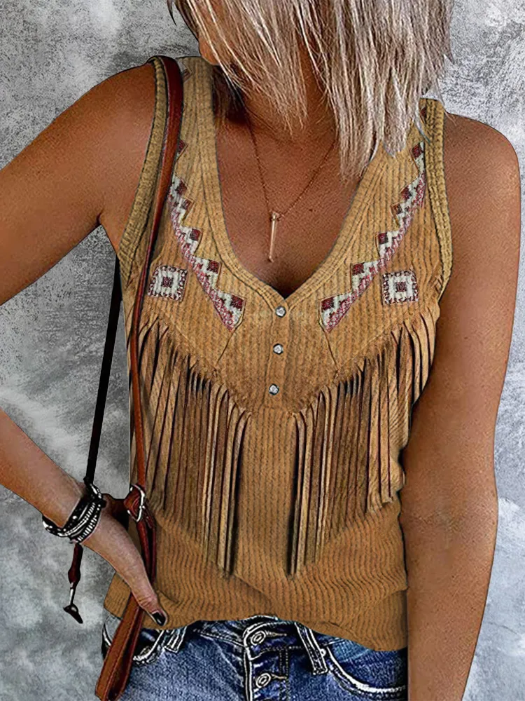 Western Tassel Print V-Neck Sleeveless Tank Top