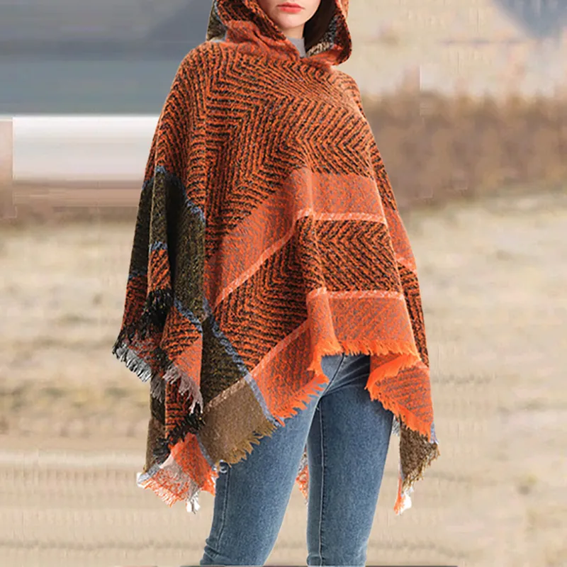 Vintage Herringbone Hooded Pullover Shawl