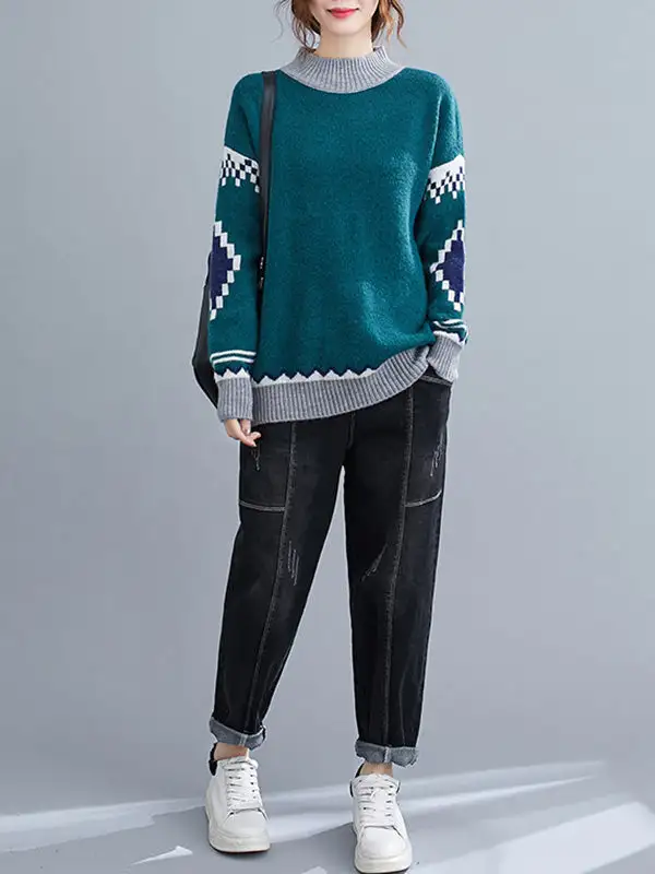 Artistic Retro Loose Color Matching High-Neck Long Sleeves Knitted Sweater Tops