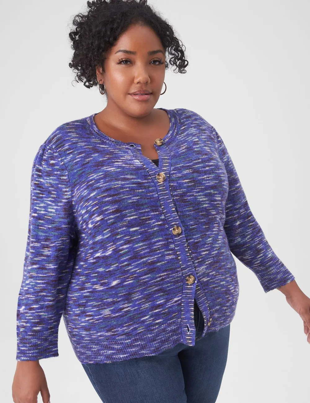 Classic Puff-Sleeve Button-Front Spacedye Cardigan