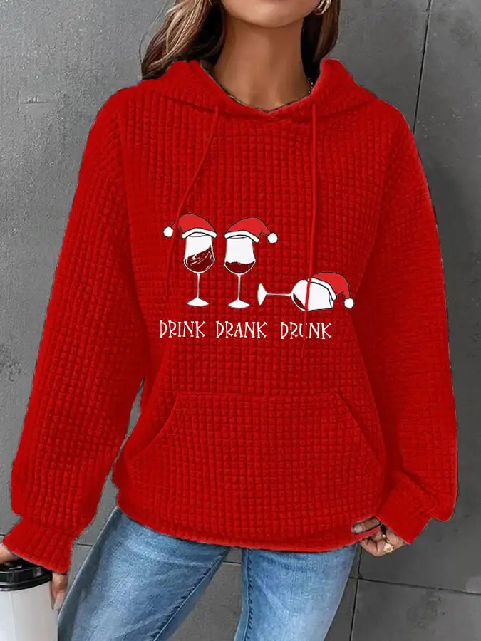 Women's Funny Christmas Drink Drank Drunk Red Wine Glass Casual Waffle Hoodie