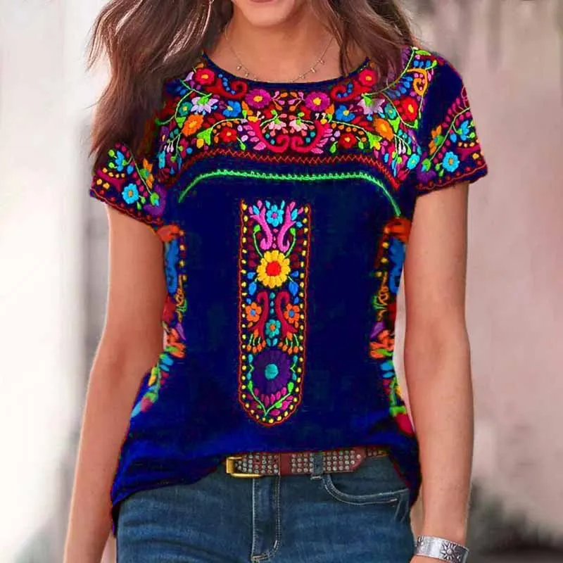 Retro Round Neck Tribal Printed Short Sleeve T-Shirt