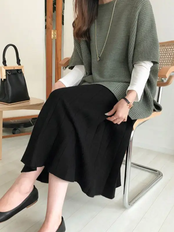 Casual Solid Color Round-Neck Half Sleeves Knitted Sweater Cape Top