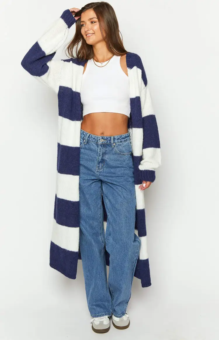 Thaddeus Blue And White Striped Knit Cardigan