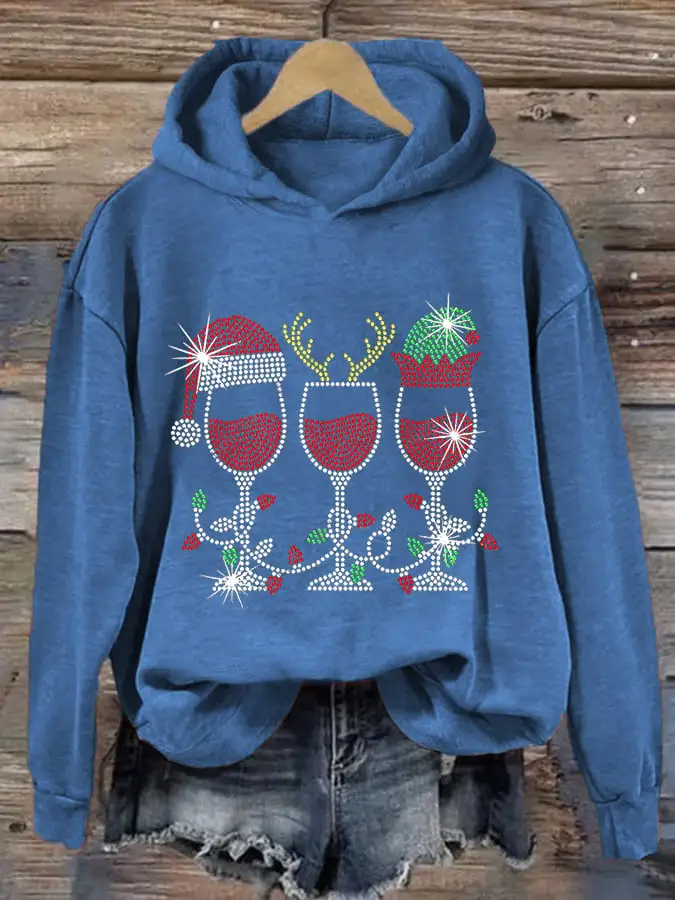 Women's Christmas Elf Deer Santa Hat Red Wine Glass Print Hoodie