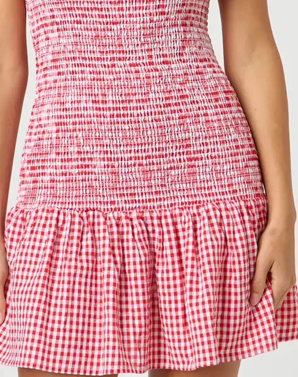 Shirred Gingham Mini Dress