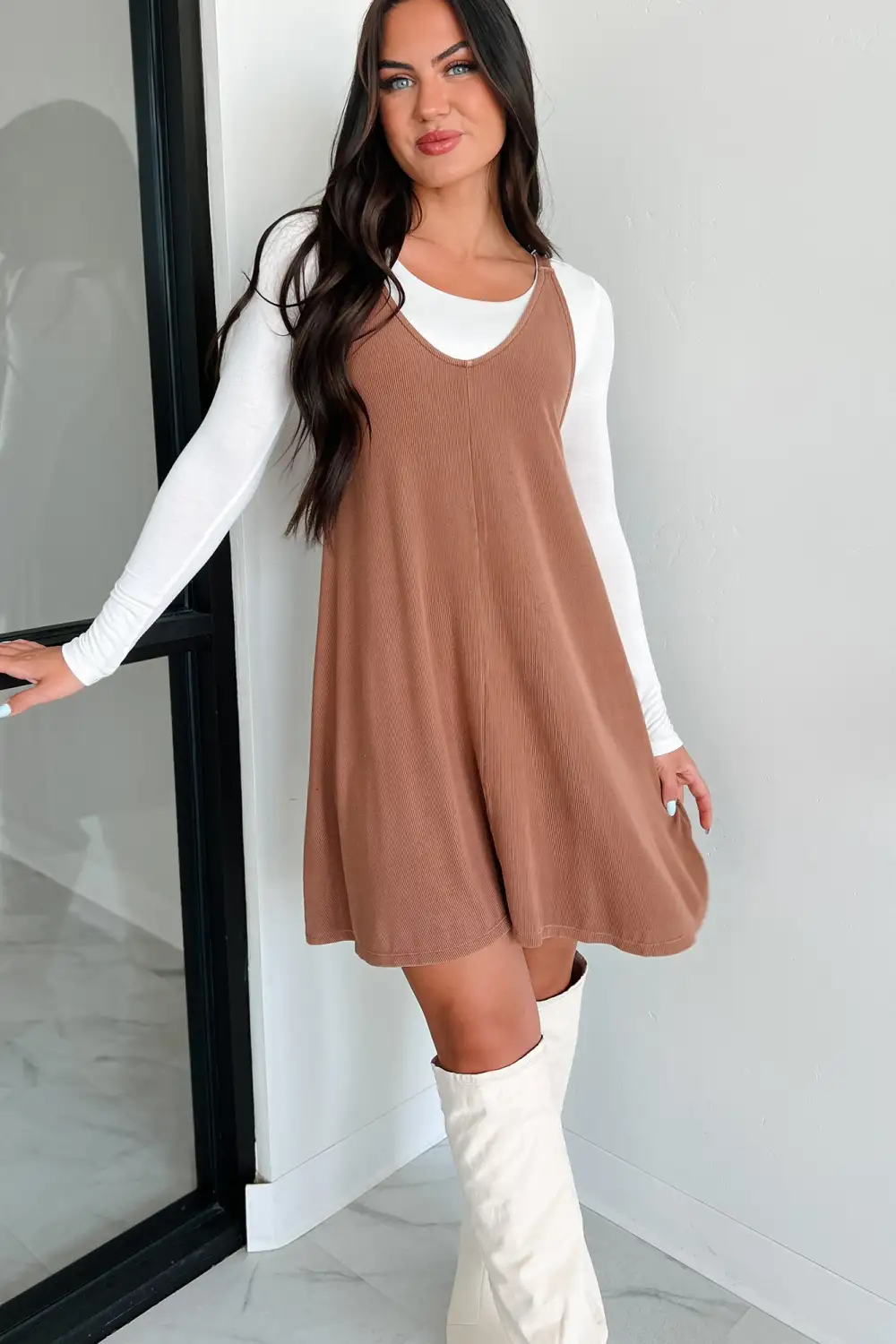 Rashana Ribbed V-Neck Mini Dress (Toffee Brown)