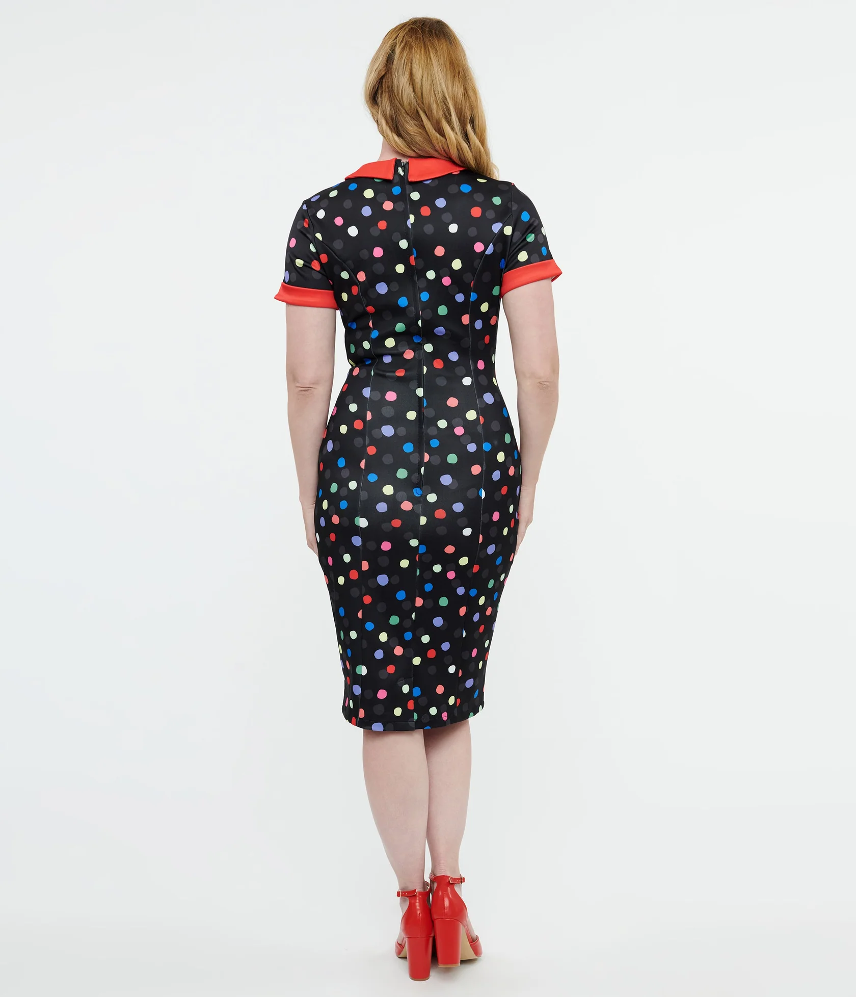 Dolly & Dotty 1950s Black & Rainbow Polka Dot Toni Wiggle Dress