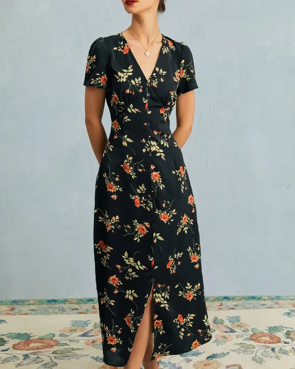 Black V-neck floral dress