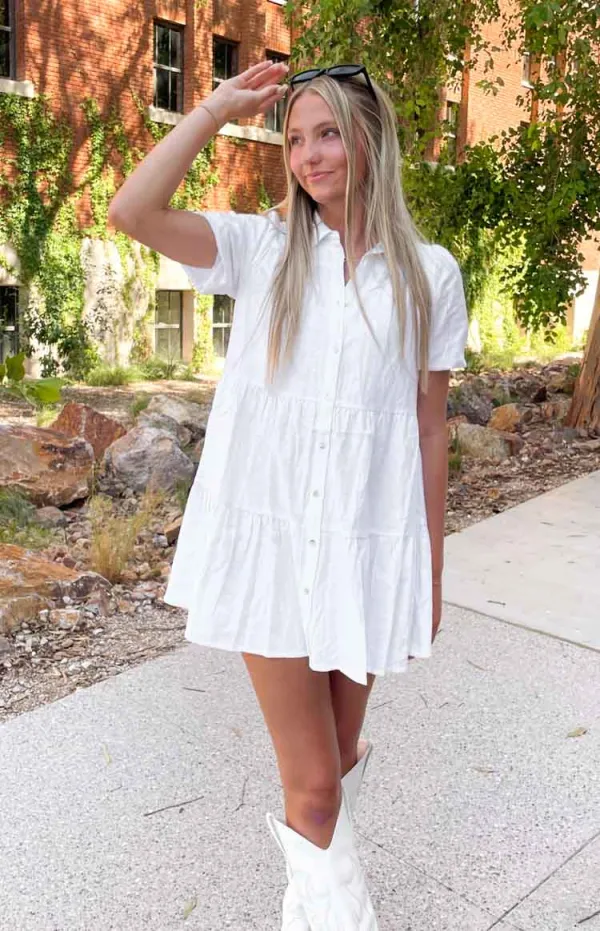 Frances White Linen Tiered Dress