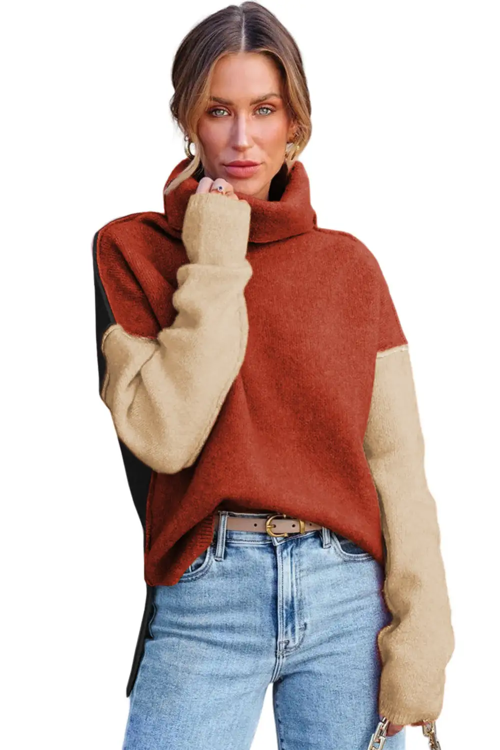 Color Block Turtle Neck Drop Shoulder Knit Sweater