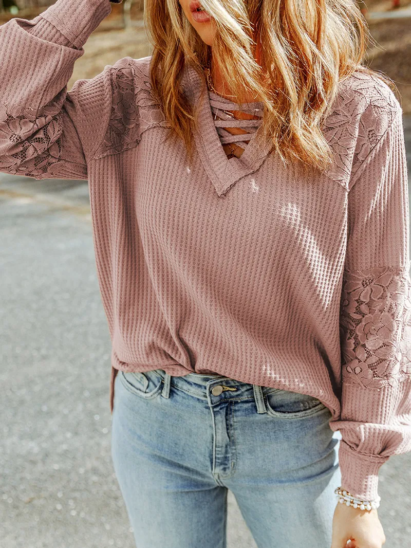 Waffle plaid lace up V-neck long sleeved top