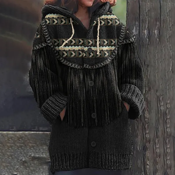 Women's Western Vintage Geometry Tassels Cozy Hooded Cardigan