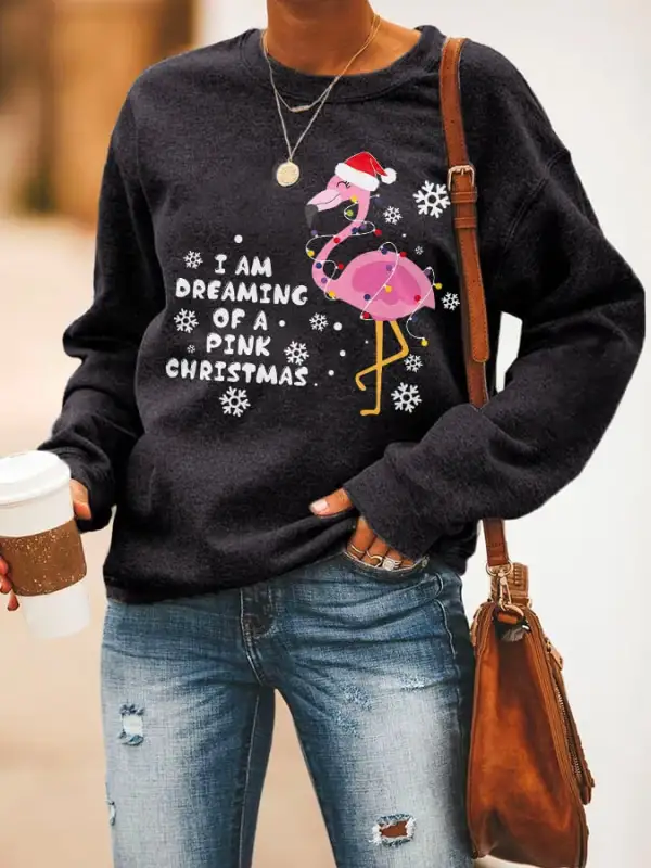 Women'S Casual I Am Dreaming Of A Pink Christmas Printed Long Sleeve Sweatshirt