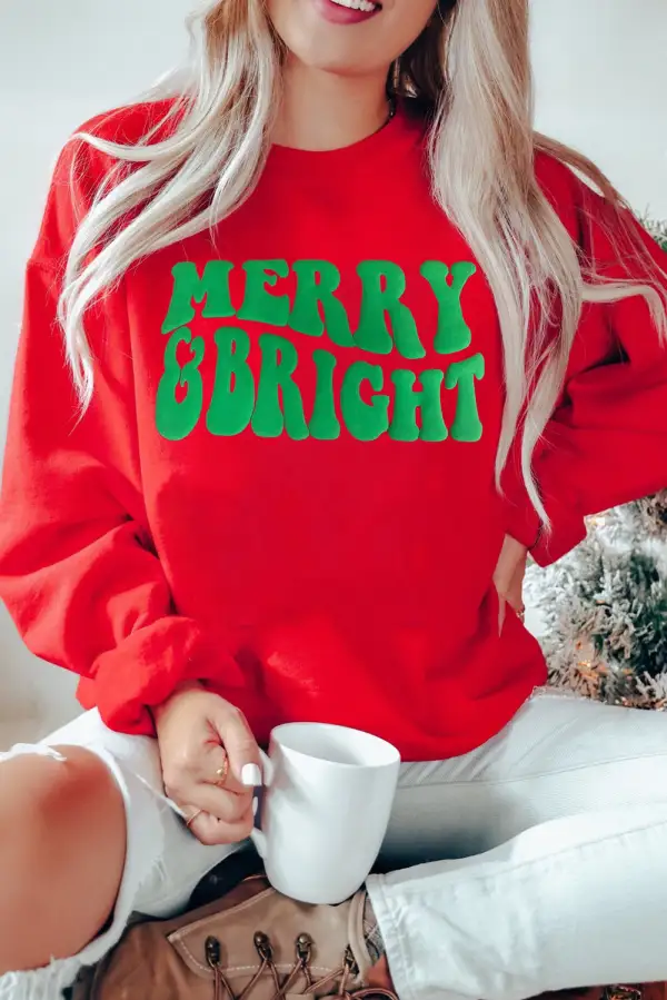 Red MERRY & BRIGHT Drop Shoulder Crewneck Sweatshirt