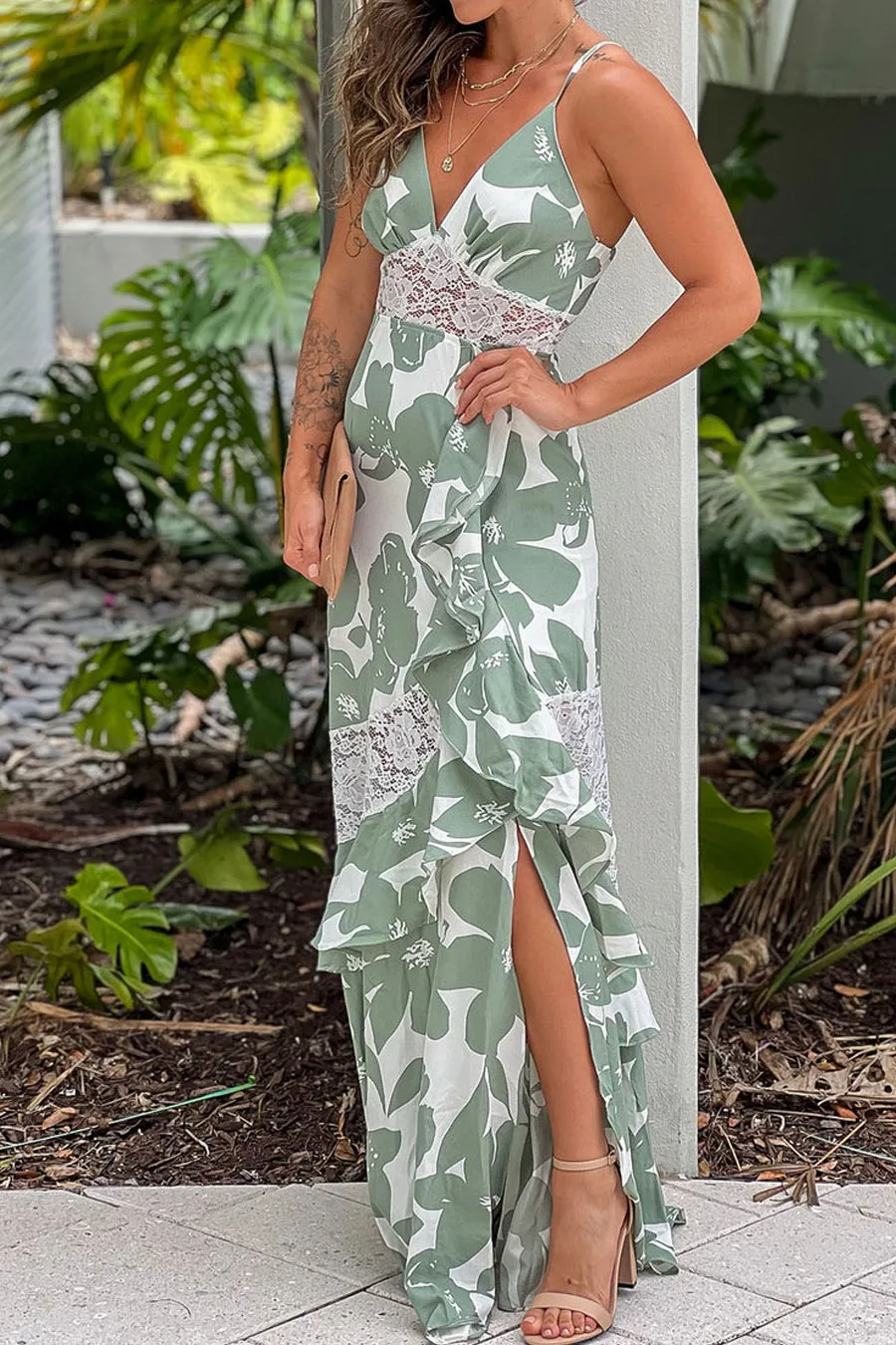 Mint Printed Maxi Dress With Lace Detail