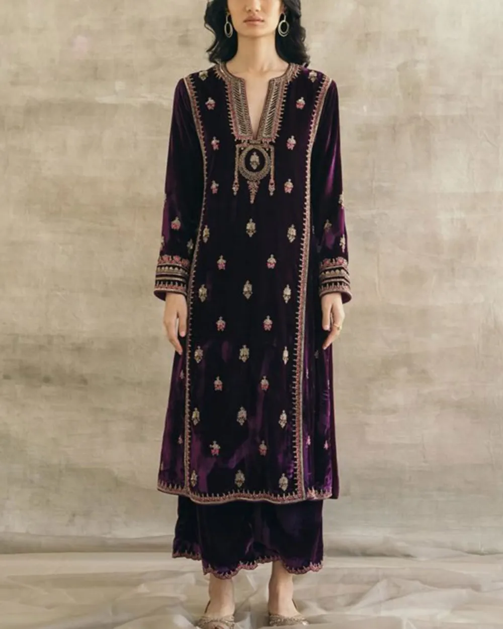 Silk Velvet Embroidered Mughal Kurta Set