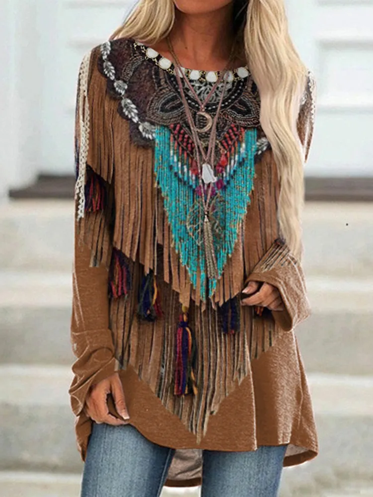 Western Tassel Print Long Sleeve Casual Tunic